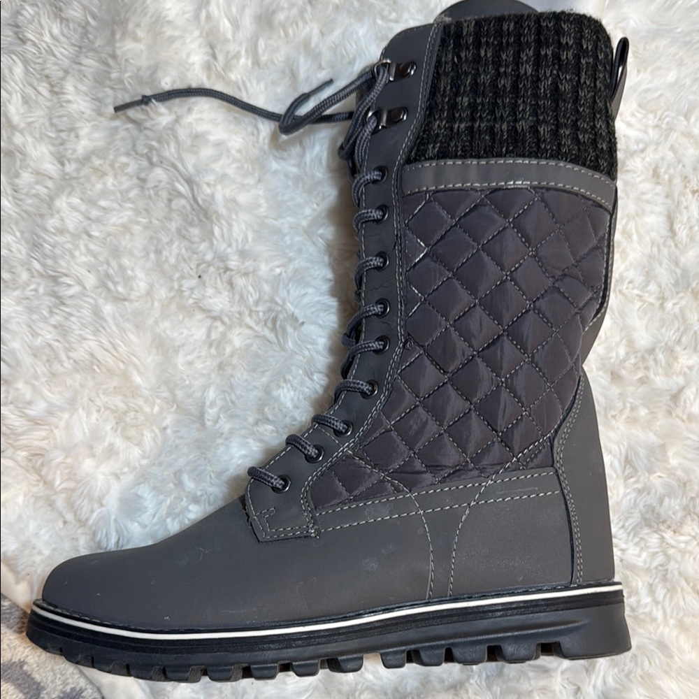 Gray Quilted Lace-Up Winter Boot